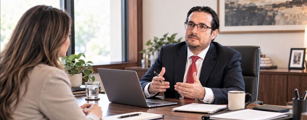 Joseph Rogelio Echavarria personal injury attorney at desk talking with woman 4